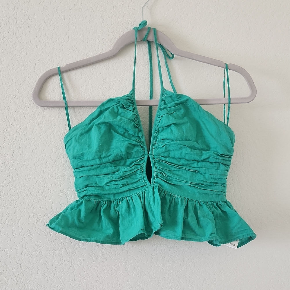 Free People Teal Halter Ruched Peplum Crop Top